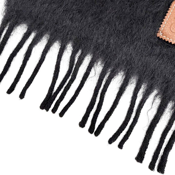 良品△LOEWE ロエベ モヘア ウール アナグラムレザーワッペン フリンジ ロング マフラー ブラック スペイン製 正規品 レディース
