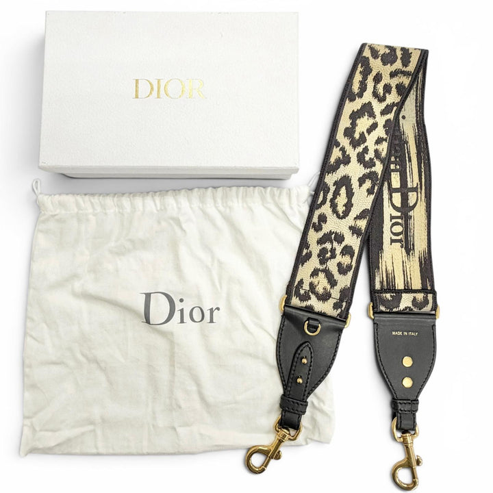 美品△Christian Dior クリスチャンディオール キャンバス レザー ロゴ レオパード柄 ショルダーストラップ ベージュ ブラウン ブラック
