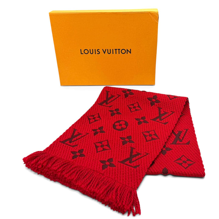 美品★LOUIS VUITTON ルイヴィトン M72432 エシャルプ ロゴマニア ウール シルク混 ルビー フリンジ マフラー イタリア製 箱付き