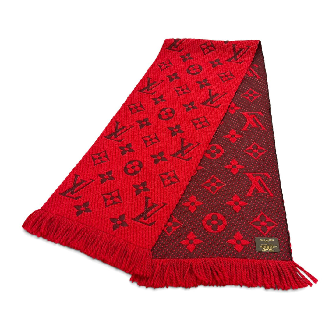 美品★LOUIS VUITTON ルイヴィトン M72432 エシャルプ ロゴマニア ウール シルク混 ルビー フリンジ マフラー イタリア製 箱付き