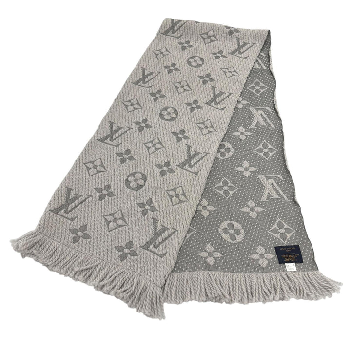美品★LOUIS VUITTON ルイヴィトン M74742 エシャルプ ロゴマニア ウール シルク混 グリペルル フリンジ マフラー 伊製 正規品 箱付き