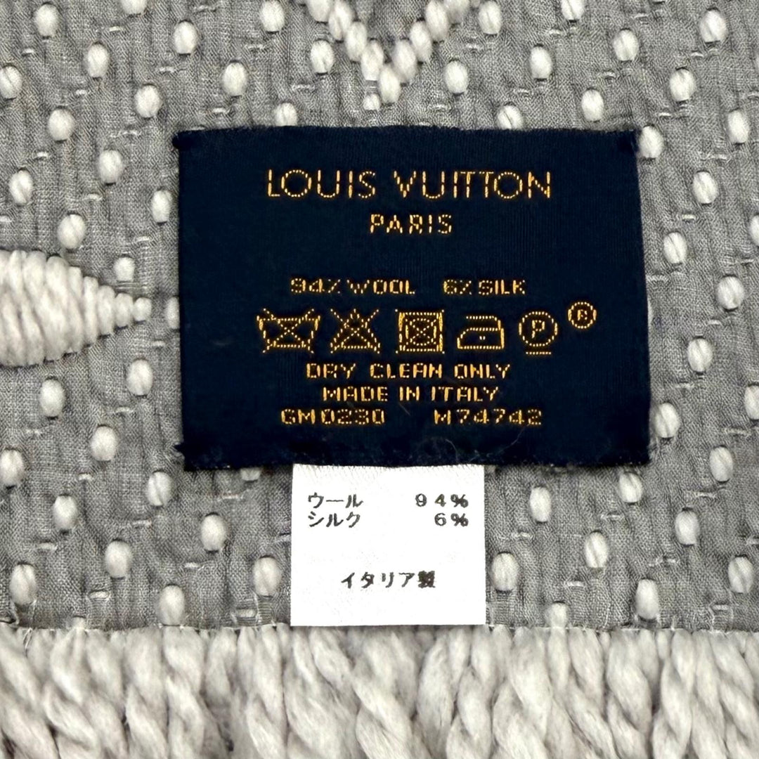 美品★LOUIS VUITTON ルイヴィトン M74742 エシャルプ ロゴマニア ウール シルク混 グリペルル フリンジ マフラー 伊製 正規品 箱付き