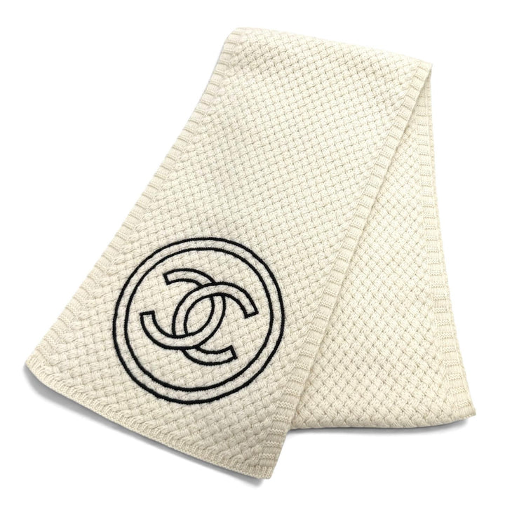 美品★CHANEL シャネル カシミヤ100％ ココマーク ニット マフラー ストール アイボリー ブラック イタリア製 レディース