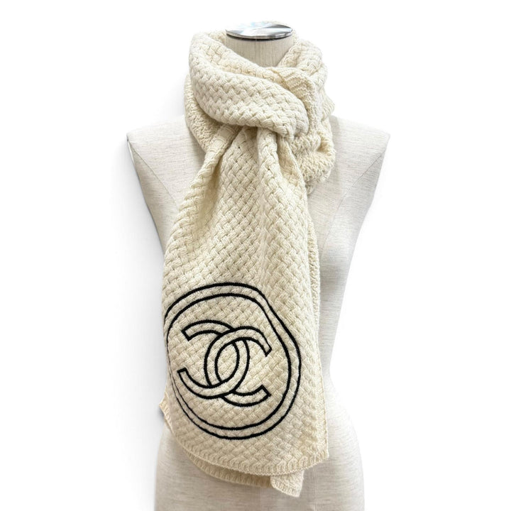 美品★CHANEL シャネル カシミヤ100％ ココマーク ニット マフラー ストール アイボリー ブラック イタリア製 レディース