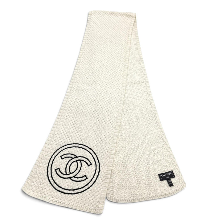 美品★CHANEL シャネル カシミヤ100％ ココマーク ニット マフラー ストール アイボリー ブラック イタリア製 レディース