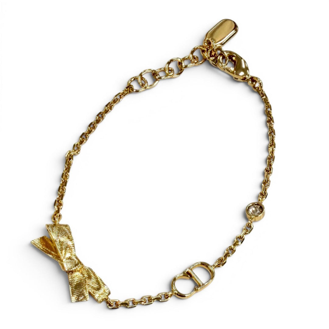 極美品★DIOR ディオール B3335WOMCY CD Bow CD ボウ 現行品 全長17cm CDリボン ラインストーン ブレスレット ゴールド 箱・保存袋付き