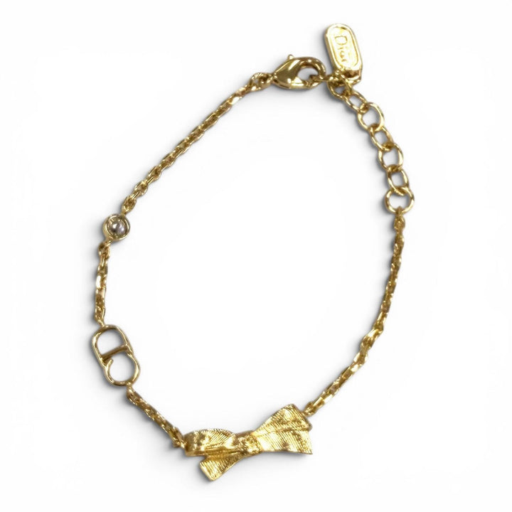 極美品★DIOR ディオール B3335WOMCY CD Bow CD ボウ 現行品 全長17cm CDリボン ラインストーン ブレスレット ゴールド 箱・保存袋付き