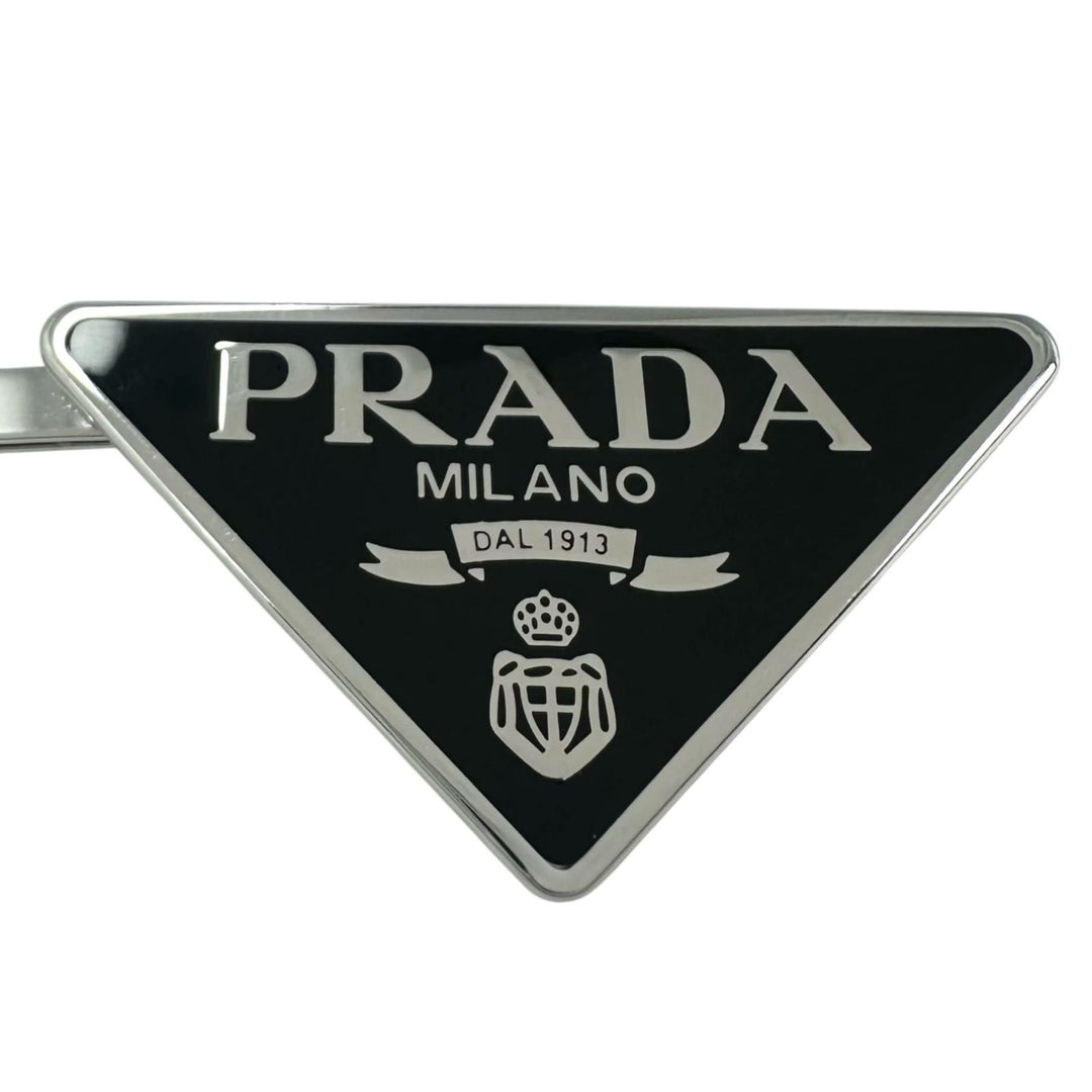 極美品▲PRADA プラダ 1IF051 メタル トライアングルロゴ 2本セット ヘアピン ブラック シルバー イタリア製 レディース 箱付き