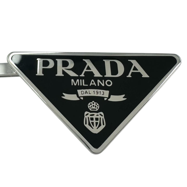 極美品▲PRADA プラダ 1IF051 メタル トライアングルロゴ 2本セット ヘアピン ブラック シルバー イタリア製 レディース 箱付き