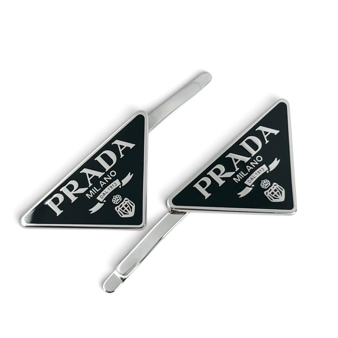 極美品▲PRADA プラダ 1IF051 メタル トライアングルロゴ 2本セット ヘアピン ブラック シルバー イタリア製 レディース 箱付き