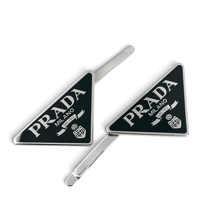 極美品▲PRADA プラダ 1IF051 メタル トライアングルロゴ 2本セット ヘアピン ブラック シルバー イタリア製 レディース 箱付き