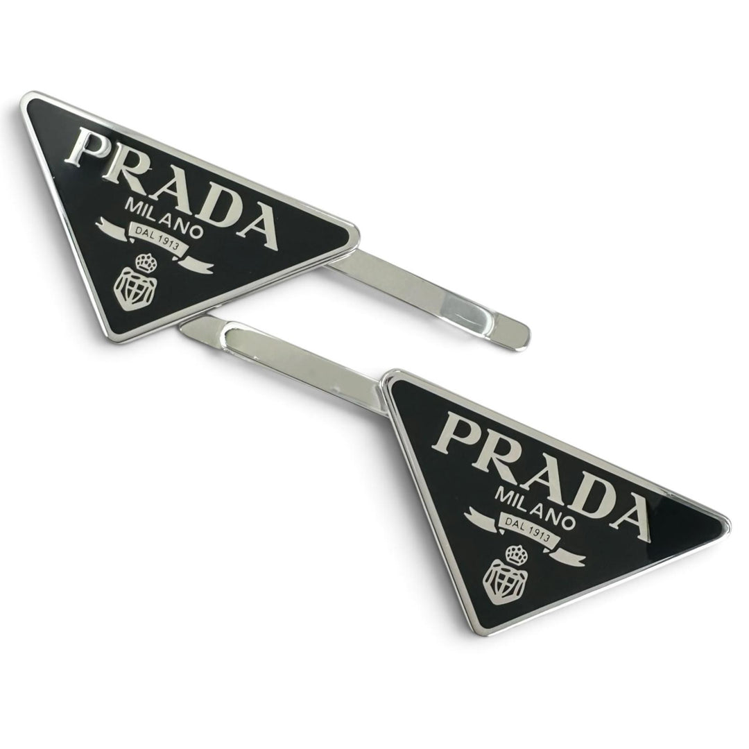極美品▲PRADA プラダ 1IF051 メタル トライアングルロゴ 2本セット ヘアピン ブラック シルバー イタリア製 レディース 箱付き