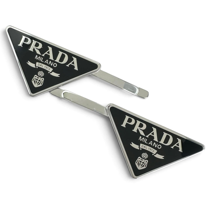 極美品▲PRADA プラダ 1IF051 メタル トライアングルロゴ 2本セット ヘアピン ブラック シルバー イタリア製 レディース 箱付き