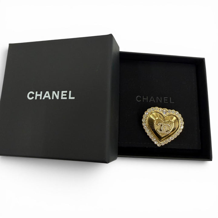 極美品☆CHANEL シャネル L25K ココマーク ハート ラインストーン ブローチ アクセサリー ゴールド フランス製 レディース 箱・保存袋付