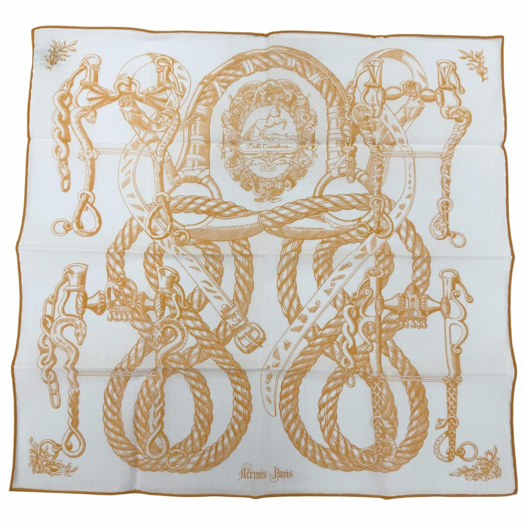 極美品☆HERMES エルメス カレ45 Della Cavalleria デッラ カヴァッレリア コットン100％ スカーフ ハンカチ オレンジ ホワイト 箱付き
