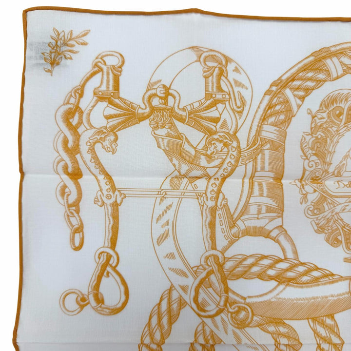 極美品☆HERMES エルメス カレ45 Della Cavalleria デッラ カヴァッレリア コットン100％ スカーフ ハンカチ オレンジ ホワイト 箱付き