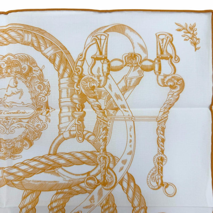 極美品☆HERMES エルメス カレ45 Della Cavalleria デッラ カヴァッレリア コットン100％ スカーフ ハンカチ オレンジ ホワイト 箱付き