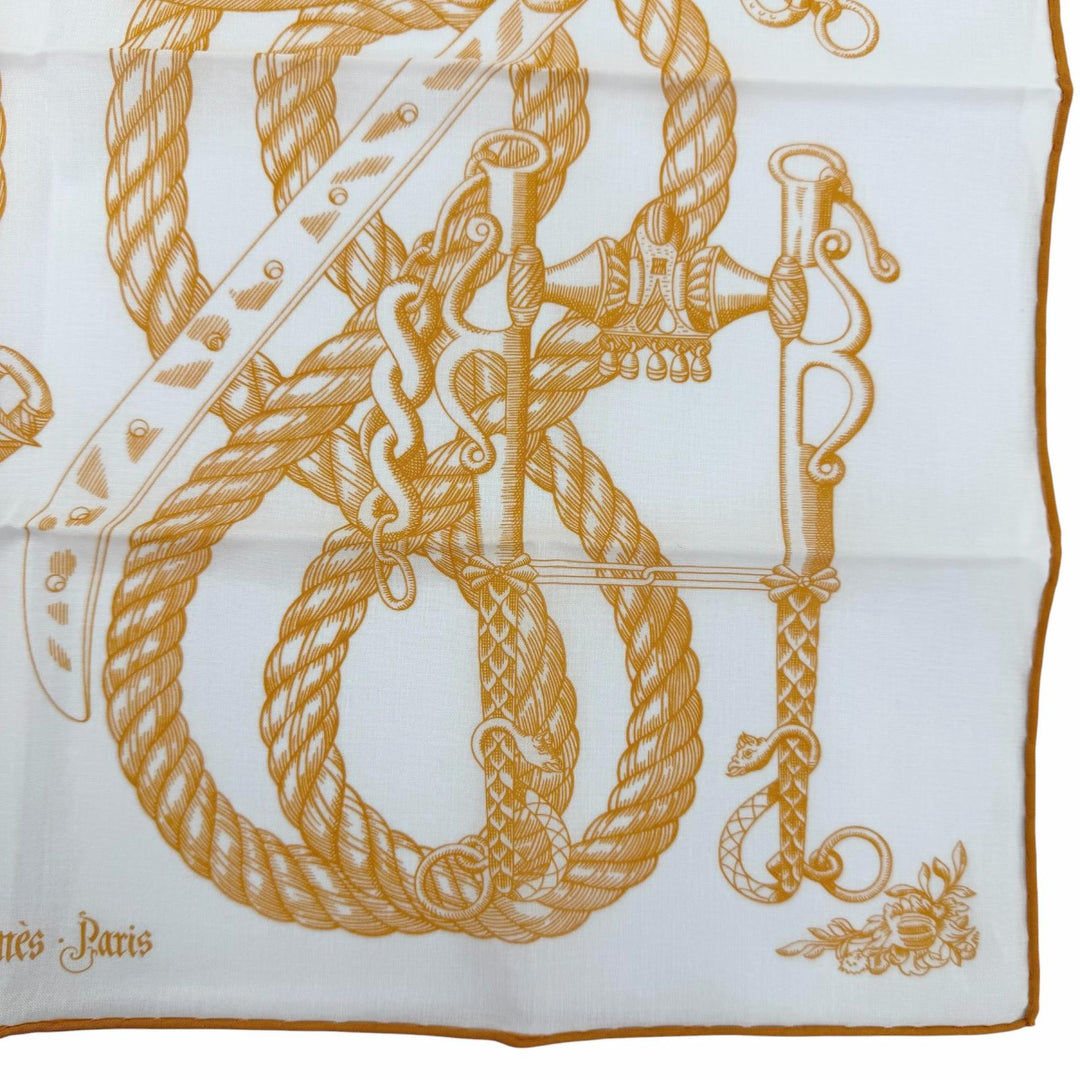 極美品☆HERMES エルメス カレ45 Della Cavalleria デッラ カヴァッレリア コットン100％ スカーフ ハンカチ オレンジ ホワイト 箱付き