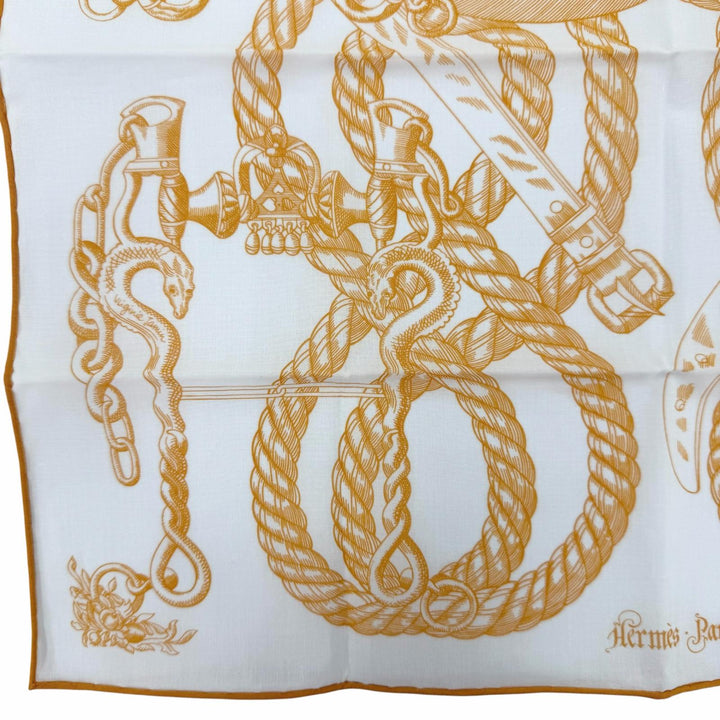 極美品☆HERMES エルメス カレ45 Della Cavalleria デッラ カヴァッレリア コットン100％ スカーフ ハンカチ オレンジ ホワイト 箱付き