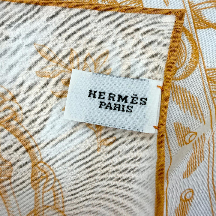 極美品☆HERMES エルメス カレ45 Della Cavalleria デッラ カヴァッレリア コットン100％ スカーフ ハンカチ オレンジ ホワイト 箱付き