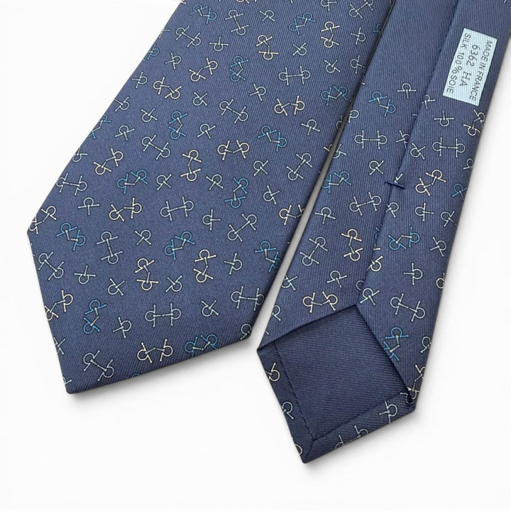 極美品□HERMES エルメス 6362HA シルク100％ ビット 金具 総柄 レギュラータイ ネクタイ ブルー フランス製 メンズ ビジネスオススメ