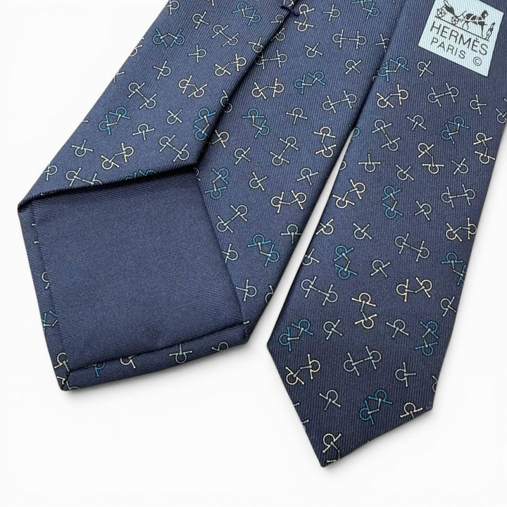 極美品□HERMES エルメス 6362HA シルク100％ ビット 金具 総柄 レギュラータイ ネクタイ ブルー フランス製 メンズ ビジネスオススメ
