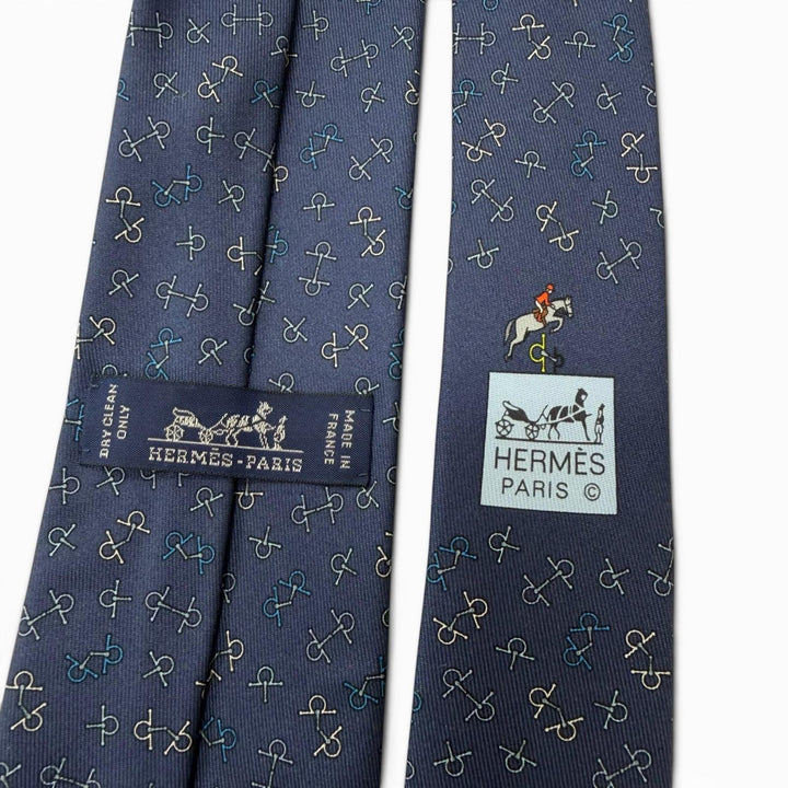 極美品□HERMES エルメス 6362HA シルク100％ ビット 金具 総柄 レギュラータイ ネクタイ ブルー フランス製 メンズ ビジネスオススメ