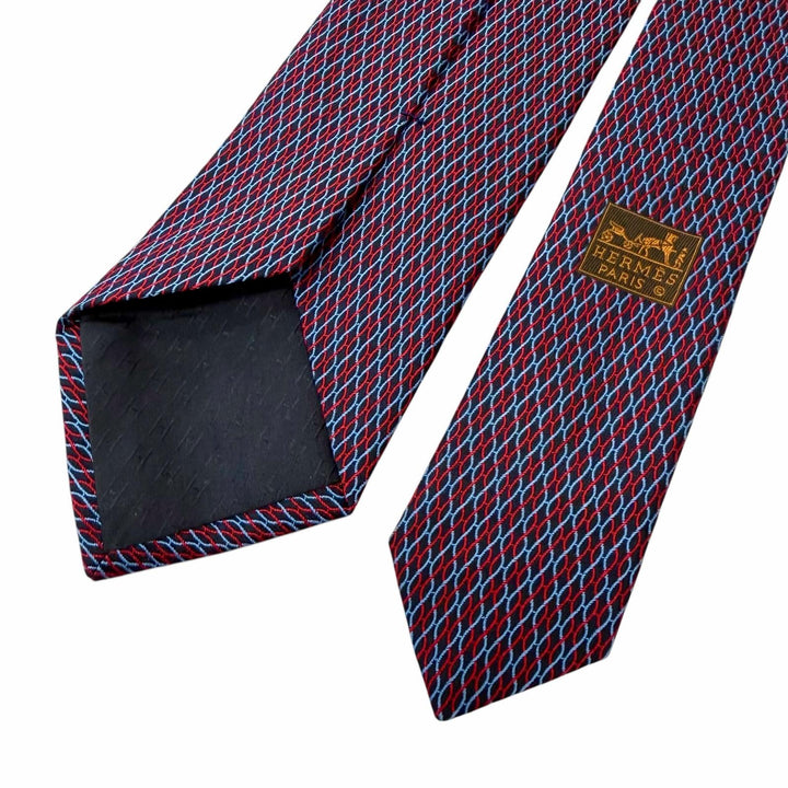 極美品□HERMES エルメス 339200T シルク100％ Hロゴ 総柄 ネクタイ レギュラータイ レッド ネイビー フランス製 メンズオススメ◎
