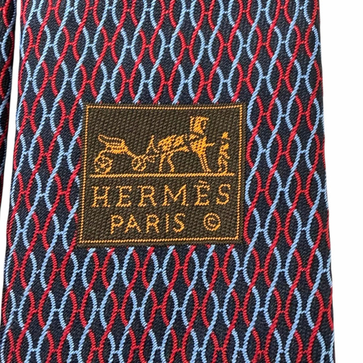 極美品□HERMES エルメス 339200T シルク100％ Hロゴ 総柄 ネクタイ レギュラータイ レッド ネイビー フランス製 メンズオススメ◎