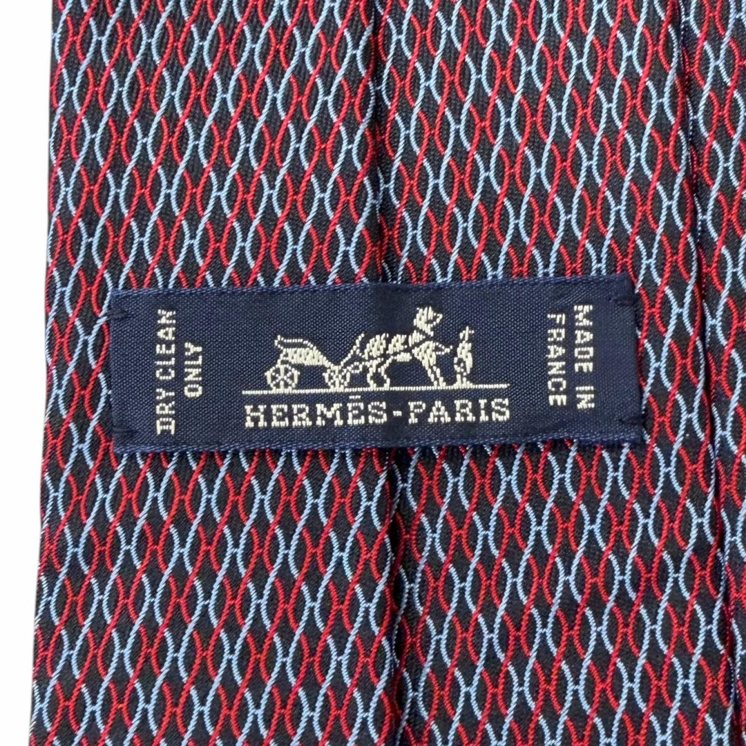 極美品□HERMES エルメス 339200T シルク100％ Hロゴ 総柄 ネクタイ レギュラータイ レッド ネイビー フランス製 メンズオススメ◎
