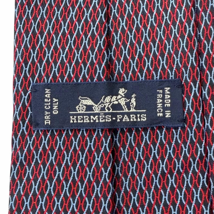 極美品□HERMES エルメス 339200T シルク100％ Hロゴ 総柄 ネクタイ レギュラータイ レッド ネイビー フランス製 メンズオススメ◎