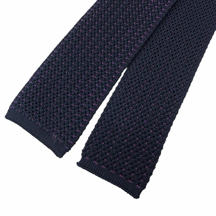 極美品□HERMES エルメス シルク100％ ハニカム柄 ニットタイ ネクタイ ネイビー パープル イタリア製 メンズ ビジネスオススメ◎