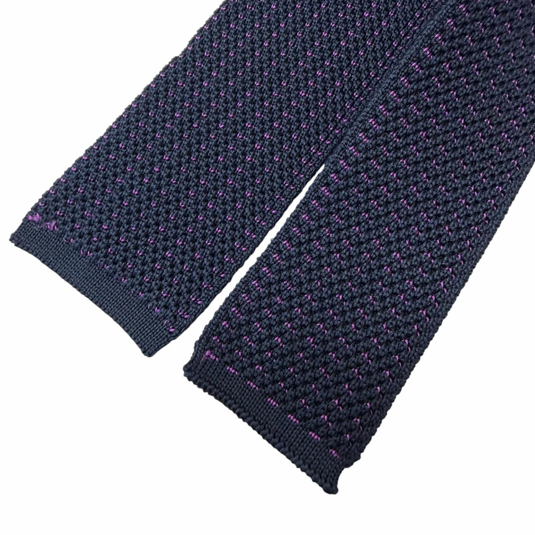極美品□HERMES エルメス シルク100％ ハニカム柄 ニットタイ ネクタイ ネイビー パープル イタリア製 メンズ ビジネスオススメ◎