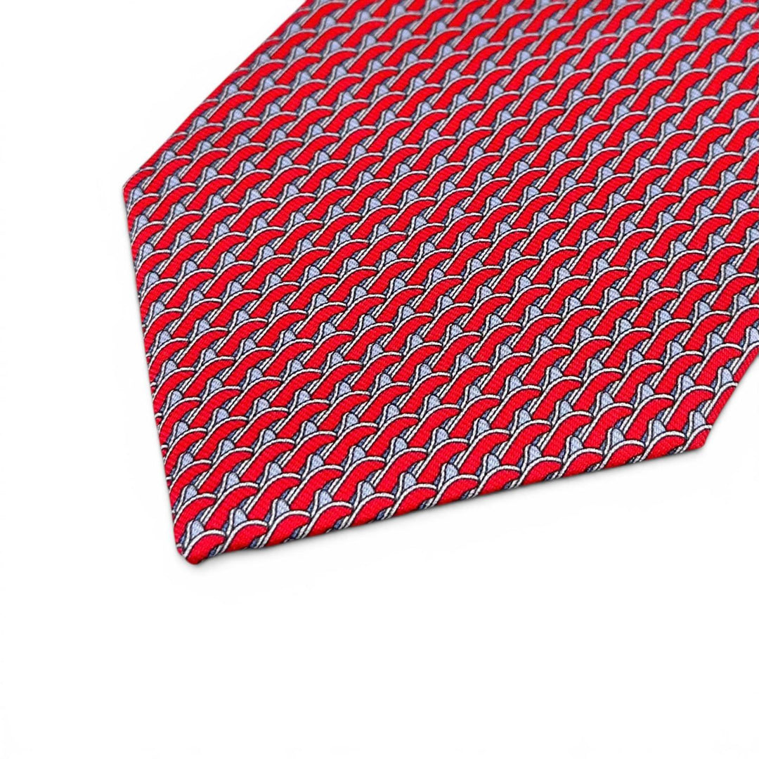 極美品▲HERMES エルメス 645968 シルク100％ スキー 総柄 大剣8cm ネクタイ レッド ルージュ フランス製 メンズ