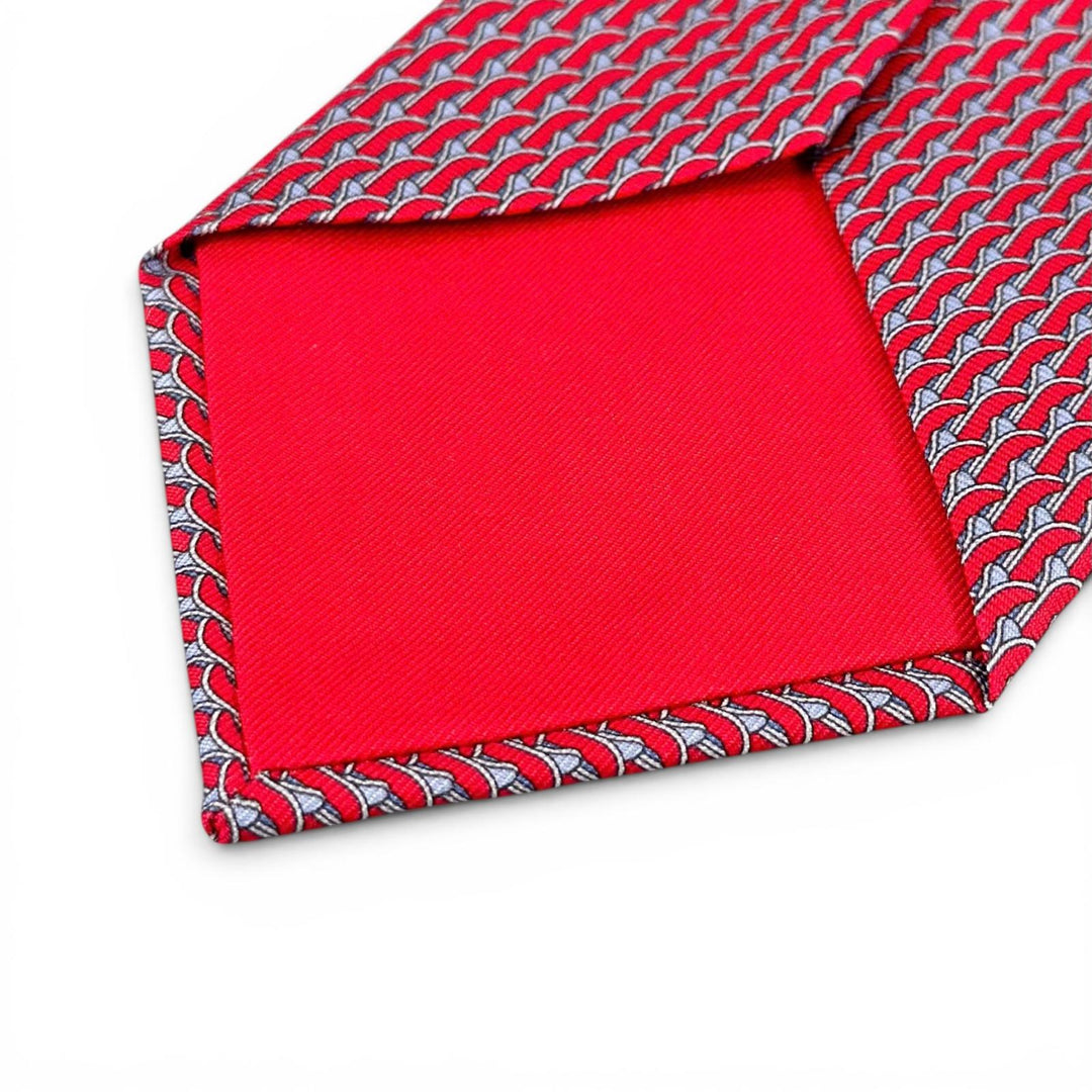 極美品▲HERMES エルメス 645968 シルク100％ スキー 総柄 大剣8cm ネクタイ レッド ルージュ フランス製 メンズ
