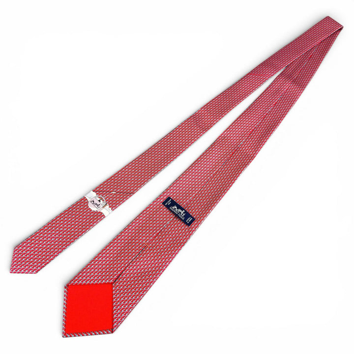 極美品▲HERMES エルメス 645968 シルク100％ スキー 総柄 大剣8cm ネクタイ レッド ルージュ フランス製 メンズ