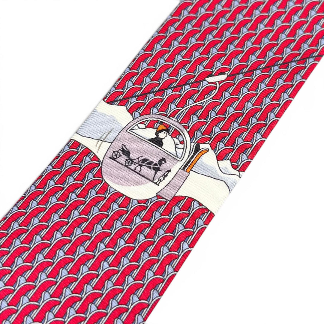 極美品▲HERMES エルメス 645968 シルク100％ スキー 総柄 大剣8cm ネクタイ レッド ルージュ フランス製 メンズ