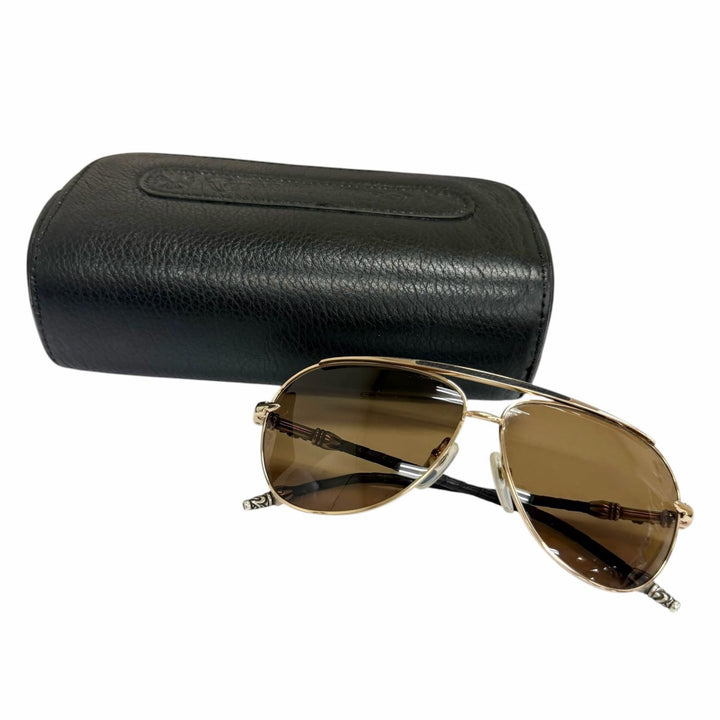 美品□CHROME HEARTS クロムハーツ ヴィンテージ MUNCHER SV925 レザー ツーブリッジ ティアドロップ サングラス ゴールド ブラック 40g