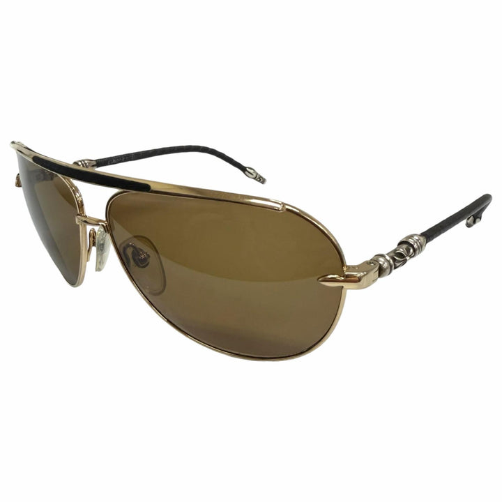 美品□CHROME HEARTS クロムハーツ ヴィンテージ MUNCHER SV925 レザー ツーブリッジ ティアドロップ サングラス ゴールド ブラック 40g