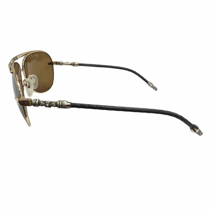美品□CHROME HEARTS クロムハーツ ヴィンテージ MUNCHER SV925 レザー ツーブリッジ ティアドロップ サングラス ゴールド ブラック 40g