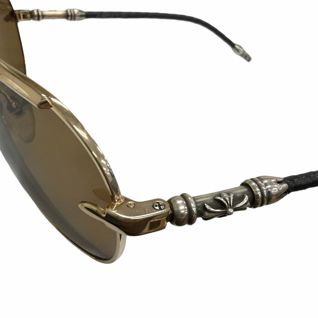 美品□CHROME HEARTS クロムハーツ ヴィンテージ MUNCHER SV925 レザー ツーブリッジ ティアドロップ サングラス ゴールド ブラック 40g