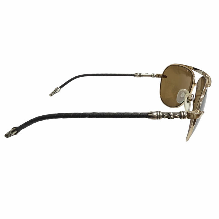 美品□CHROME HEARTS クロムハーツ ヴィンテージ MUNCHER SV925 レザー ツーブリッジ ティアドロップ サングラス ゴールド ブラック 40g
