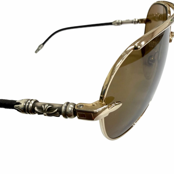 美品□CHROME HEARTS クロムハーツ ヴィンテージ MUNCHER SV925 レザー ツーブリッジ ティアドロップ サングラス ゴールド ブラック 40g