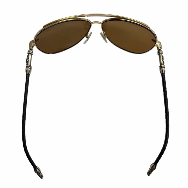 美品□CHROME HEARTS クロムハーツ ヴィンテージ MUNCHER SV925 レザー ツーブリッジ ティアドロップ サングラス ゴールド ブラック 40g