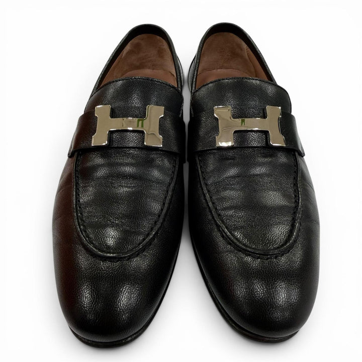 美品☆HERMES エルメス モカシン パリ コンスタンス シルバー金具 Hロゴ レザー ローファー ブラック 34 伊製 定価206800円 箱・保存袋付