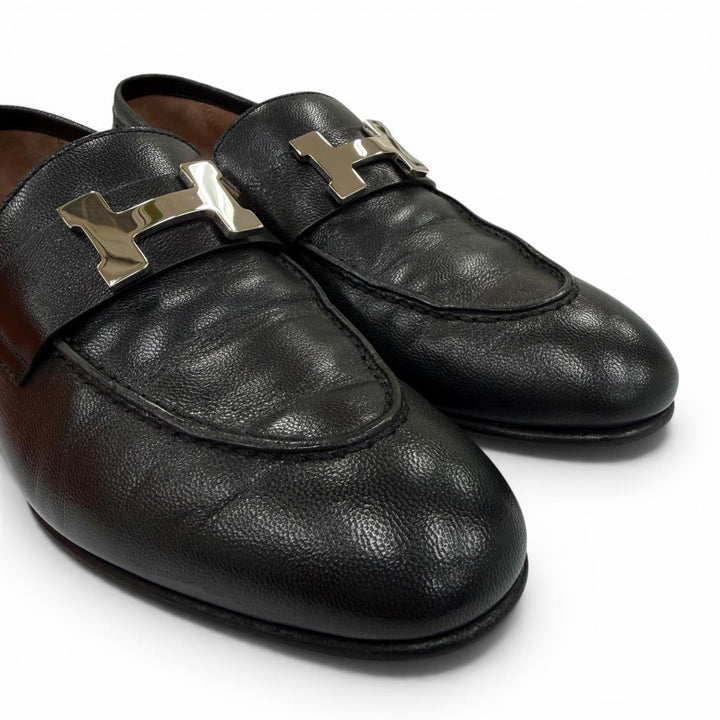 美品☆HERMES エルメス モカシン パリ コンスタンス シルバー金具 Hロゴ レザー ローファー ブラック 34 伊製 定価206800円 箱・保存袋付