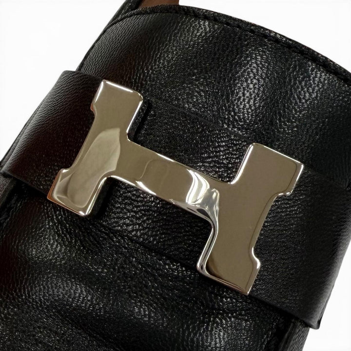 美品☆HERMES エルメス モカシン パリ コンスタンス シルバー金具 Hロゴ レザー ローファー ブラック 34 伊製 定価206800円 箱・保存袋付