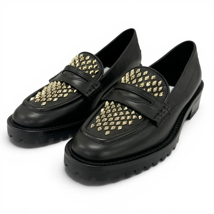 極美品▲JIMMY CHOO ジミーチュウ DEANNA 30 ディアナ スタッズ レザー ローファー ブラック ゴールド 37.5 イタリア製 レディース