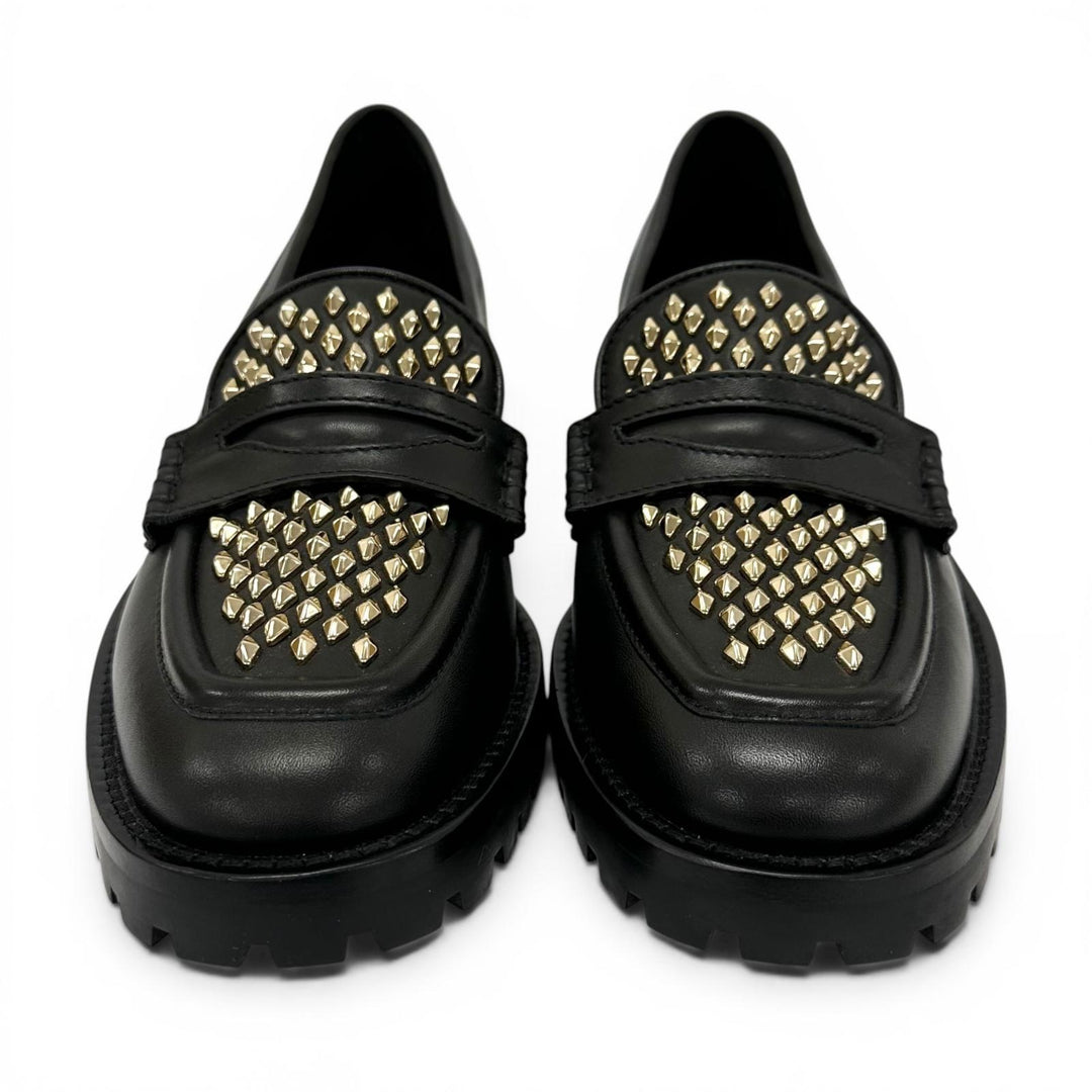 極美品▲JIMMY CHOO ジミーチュウ DEANNA 30 ディアナ スタッズ レザー ローファー ブラック ゴールド 37.5 イタリア製 レディース
