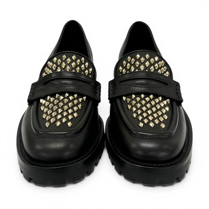 極美品▲JIMMY CHOO ジミーチュウ DEANNA 30 ディアナ スタッズ レザー ローファー ブラック ゴールド 37.5 イタリア製 レディース